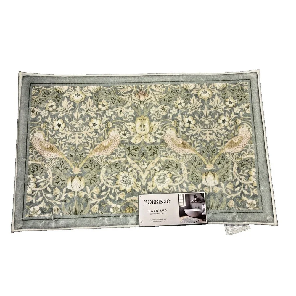 Morris & Co Bath Mat Strawberry Thief Floral Green Washable Memory Foam Non-skid